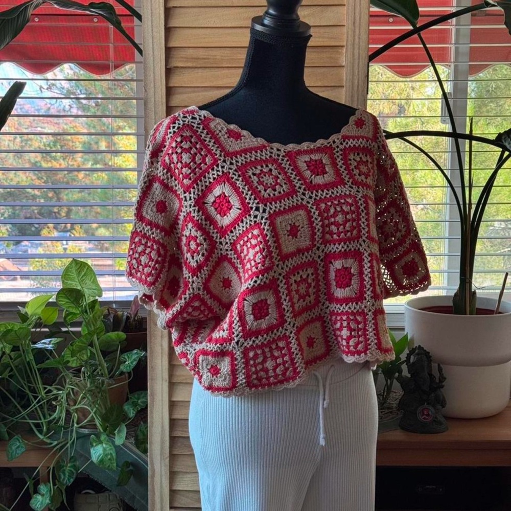 Handmade Crochet Patchwork Top Pink Cream Boho Square Knit Festival Cottagecore